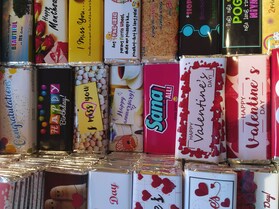Chocolate wrappings during Valentines at a street market.